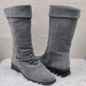 Markon Simon Gray Suede Leather Square Toe Low Stacked Heel Mid Calf Winter Boot